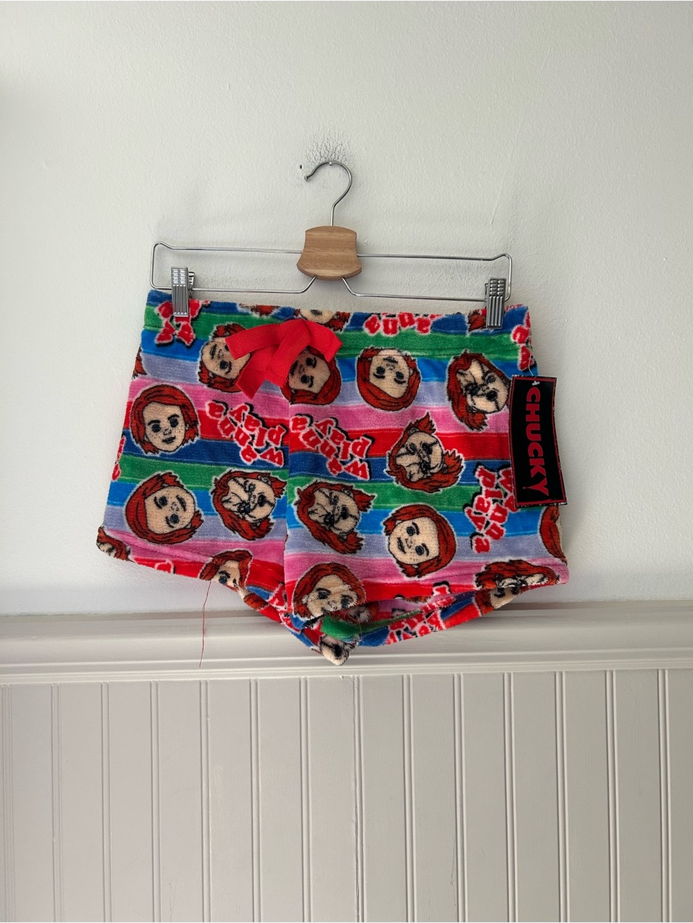 ⭐️ NEW Chucky Themed Women's Large Multicolor Fleece Lounge Shorts Halloween